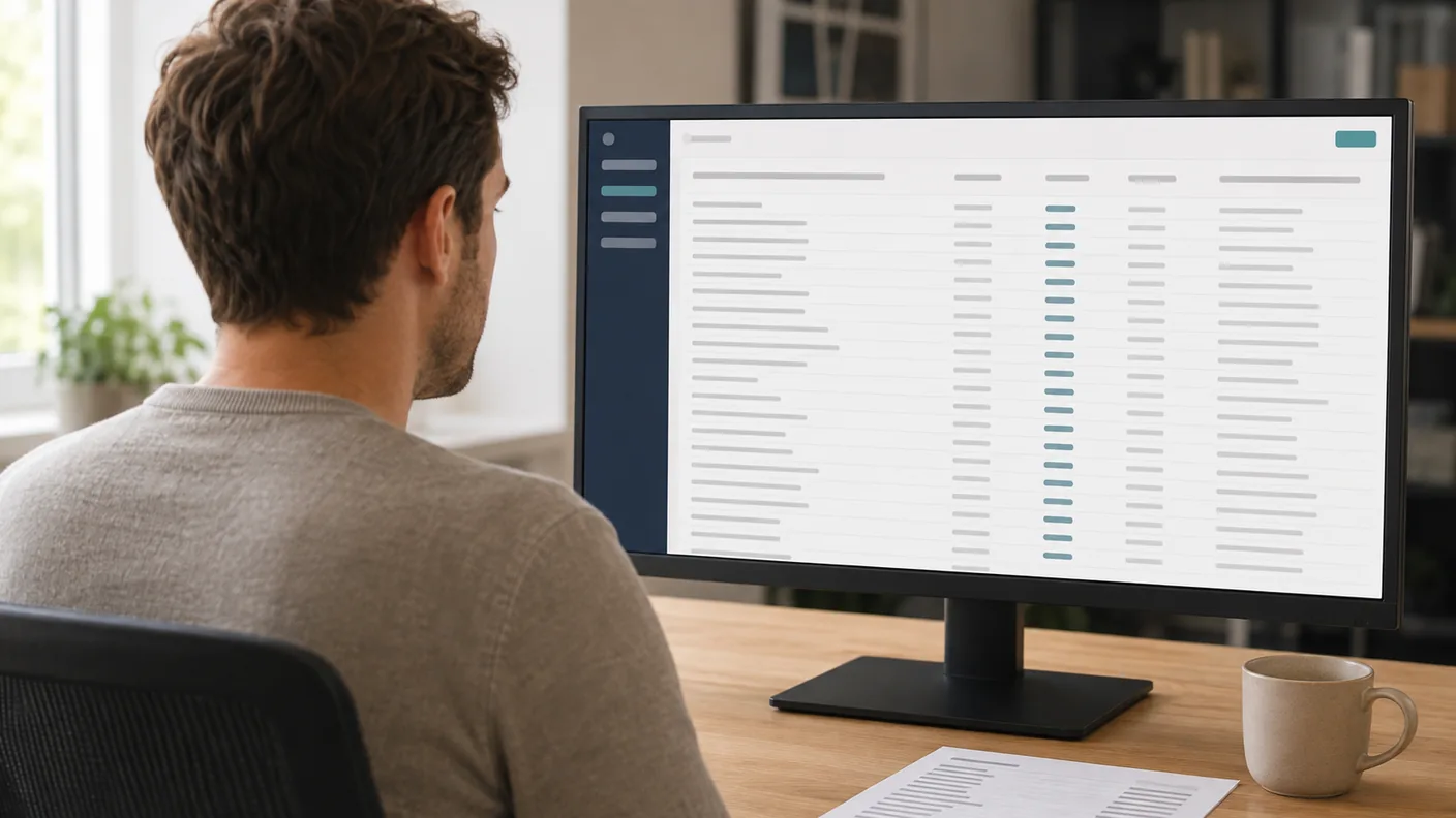 Telecoms account manager at a desk reviewing a list of contract end dates on a widescreen monitor, with a printed customer list alongside