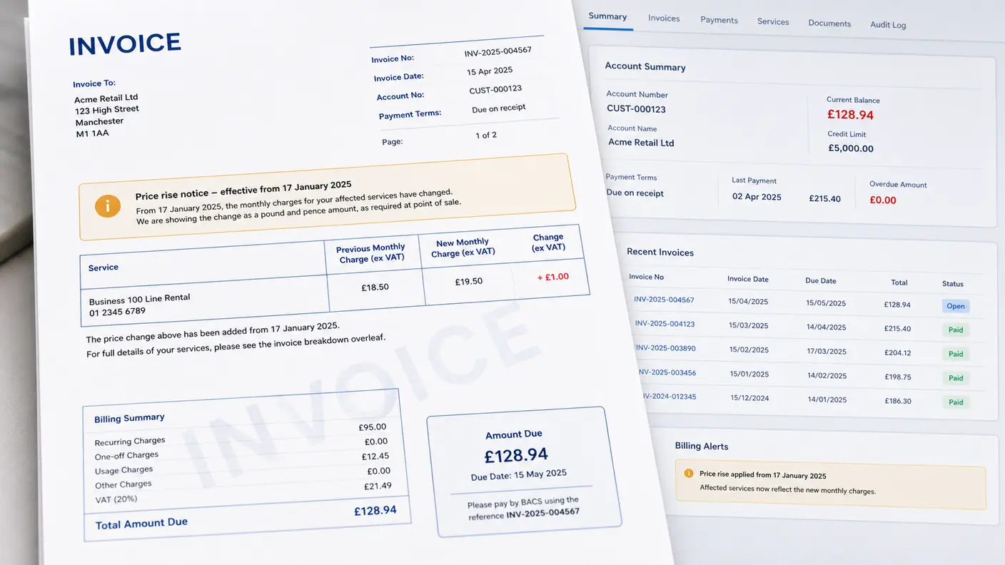 Customer invoice showing a price rise notice stating the change in pounds and pence rather than as a CPI percentage