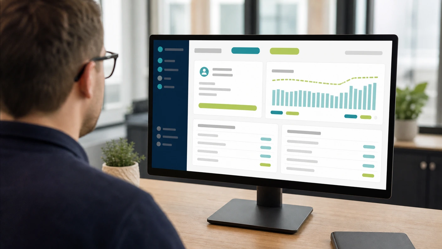 Reseller at a desk reviewing pre-pay account balances and top-up history on a widescreen monitor in a daylit office