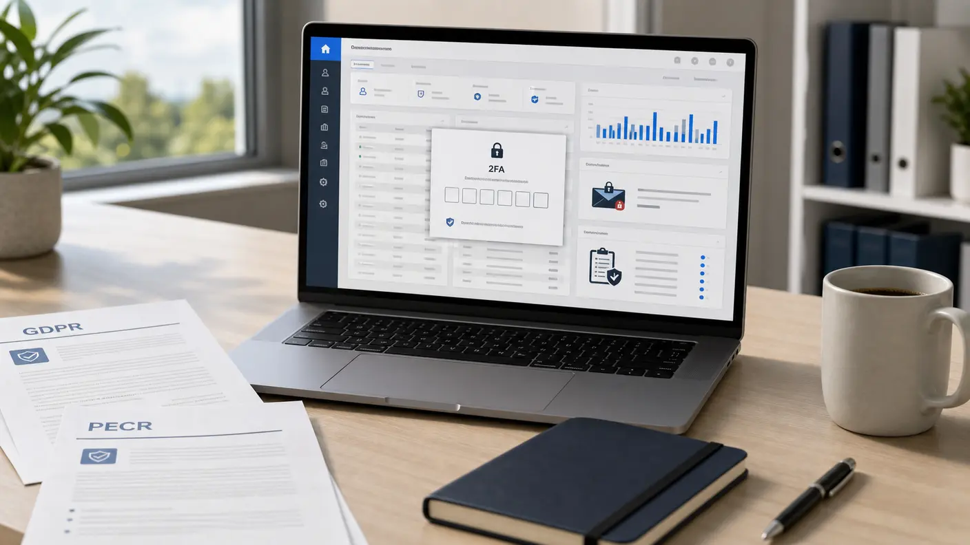 Reseller workstation showing a SAFE billing dashboard with a 2FA prompt, a password-protected invoice email, and an audit log alongside printed GDPR and PECR guidance