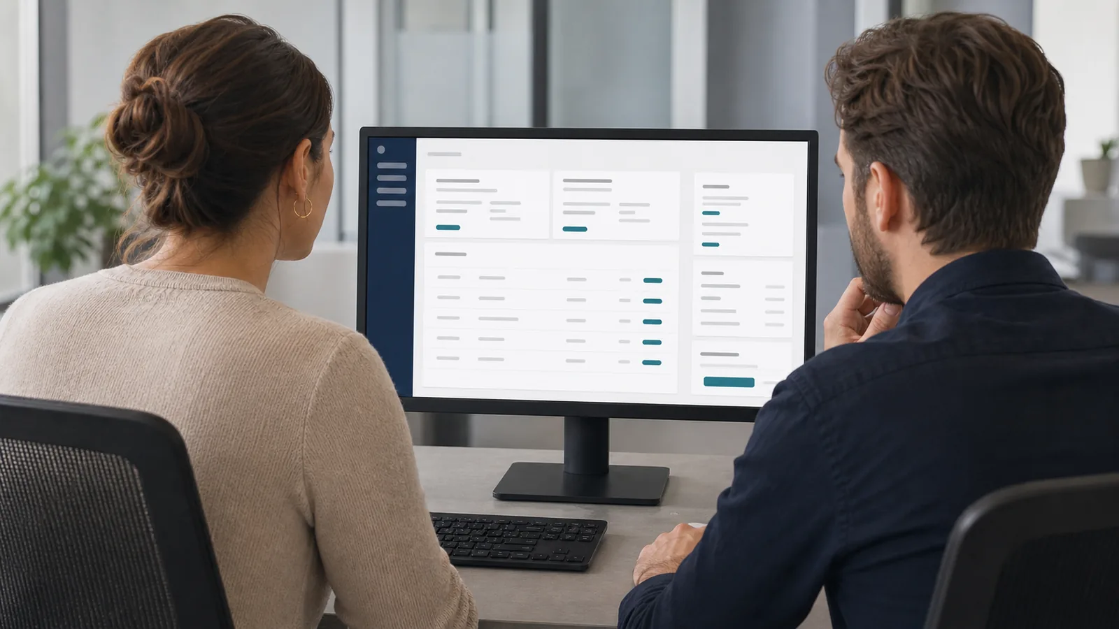 Two colleagues reviewing a customer quotation together on a laptop at a shared desk