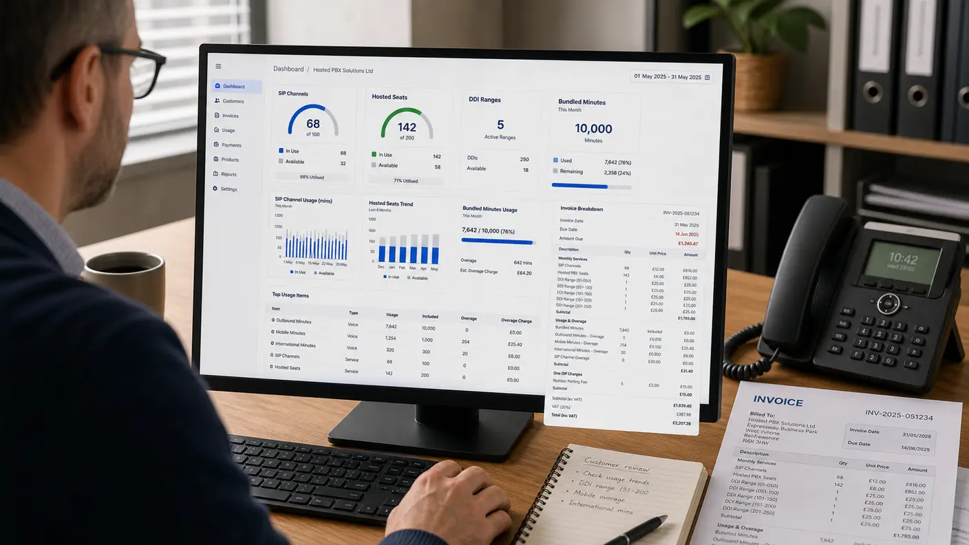 Hosted PBX dashboard showing SIP channels, hosted seats and bundled minutes, with an invoice line-item breakdown alongside
