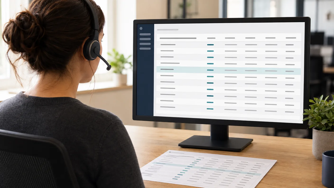 Support agent on a headset at a desk, comparing an itemised phone bill on paper against a call detail screen on a widescreen monitor