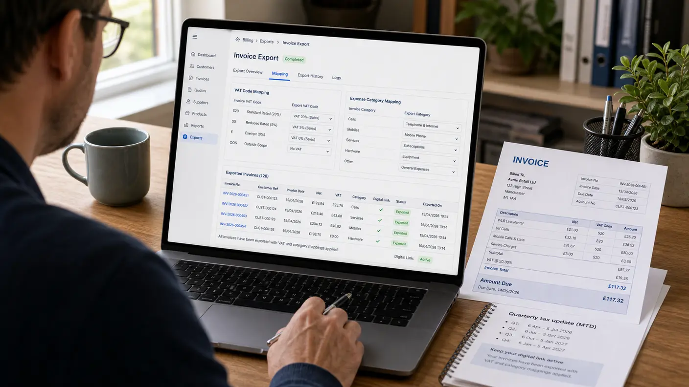 SAFE Billing Platform syncing reseller invoices into the reseller's own Xero account, with VAT codes and expense categories mapped correctly
